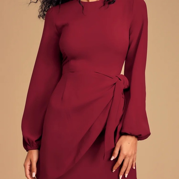 lulus believe it or knot wine red maroon long sleeve mini wrap dress SMALL - Picture 2 of 6